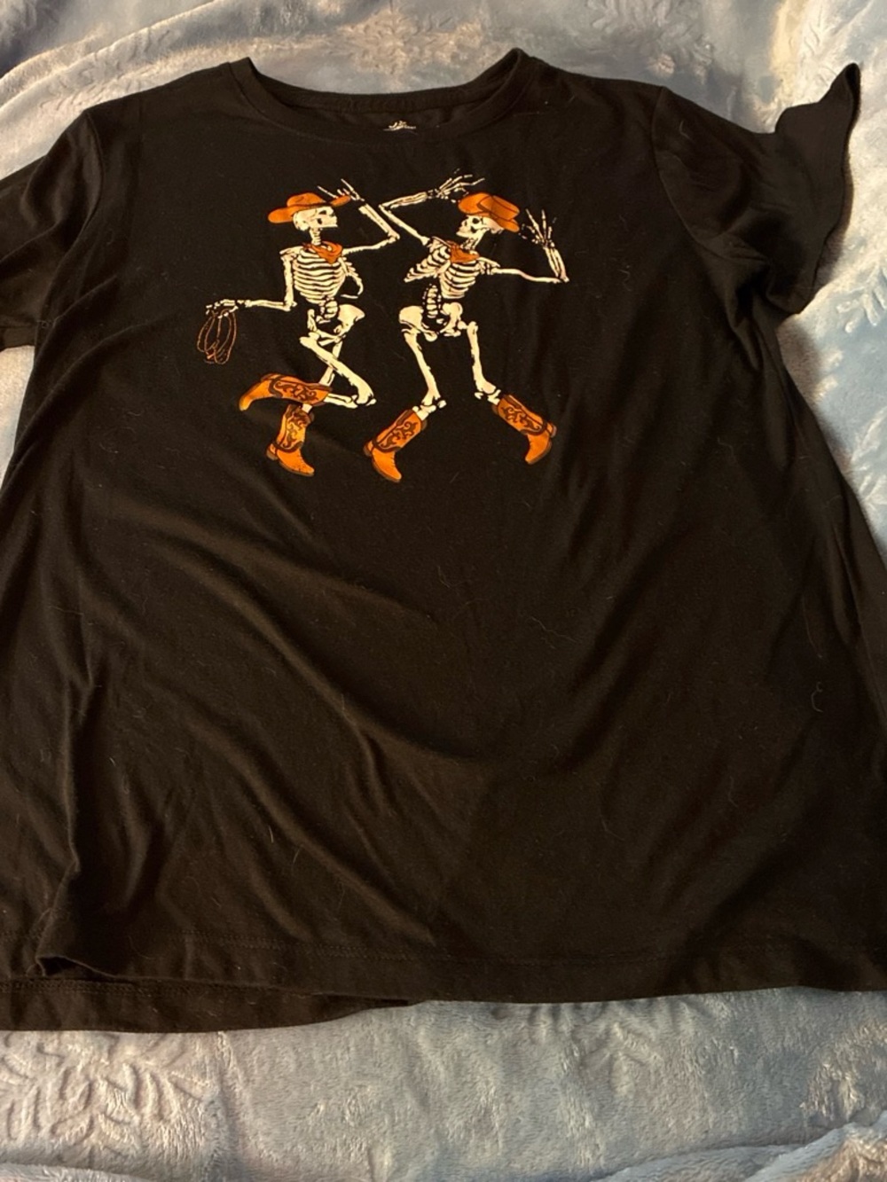 Black Graphic Tee with Orange Skeleton Cowboys